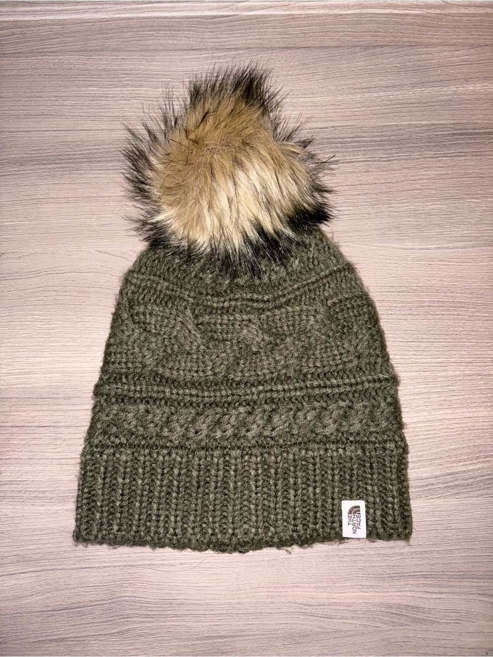 The North Face Olive Green Cable Knit Pom Hat with Faux Fur *NWOT*